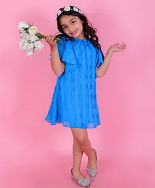 KIDSDEW Half  Sleeves Floral Applique A Line Pleated Georgette  Dress - Blue