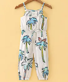 ORRIGANY Rayon Sleeveless Jumpsuit with Tie Knot Belt Palm Tree Print -White