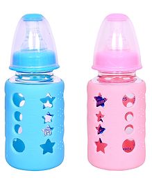 DOMENICO Premium Glass Baby Feeding Bottle for Kids Ultrasoft Nipple Glass Feeding Bottle with Silicone Cover Feeding Bottle for Milk and Baby Drinks No Leakage ML & OZ Marking (Color :- Blue/Pink, 120 ml)