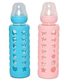 DOMENICO Premium Glass Baby Feeding Bottle for Kids Ultrasoft Nipple Glass Feeding Bottle with Silicone Cover Feeding Bottle for Milk and Baby Drinks No Leakage ml & OZ Marking (Color :- Blue/Pink, 240 ml)