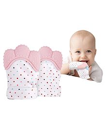 DOMENICO Silicone Teether Mitten Glove Polka Dot Print - Pink pack of 2