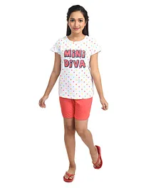 Clothe Funn Half Sleeves Polka Dots Printed Knitted  Tee With Shorts - White & Coral