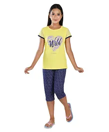 Clothe Funn Half Sleeves Hearts Printed Knitted Tee With Capri Set  - Yellow & Navy Blue