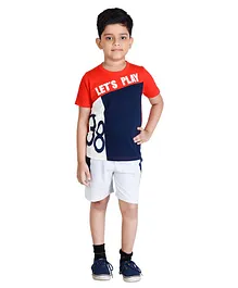 Clothe Funn Half Sleeves Lets Play Text  Printed Knitted Tee With Shorts Set  - Navy Blue  & Red