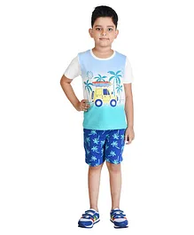 Clothe Funn Half Sleeves Palm Tree Printed Knitted Tee With Shorts Set  -  Off White & Royal Blue