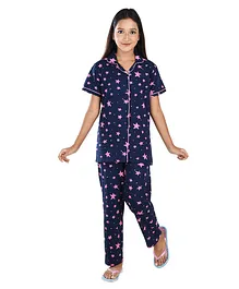 Clothe Funn Full Sleeves Stars   Printed Knitted  Night Suit  - Navy Blue