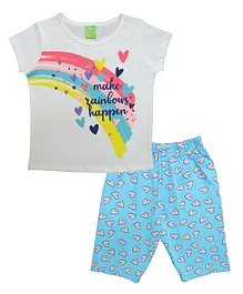 Clothe Funn Half Sleeves Hearts    Printed Knitted Tee & Shorts Set - White & Teal Blue