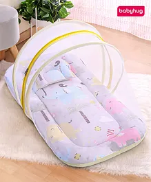 Babyhug Cotton Mattress Set with Mosquito
                        Net Elephant Print - Beige