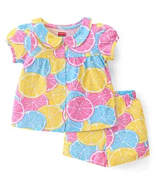 Babyhug Cotton Knit Single Jersey Half Sleeves Night Suit With Lemon Print - Multicolour