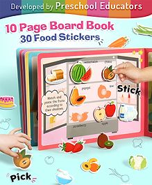 Intelliskills Pick N' Stick Food Premium Board Book | Fruits, Vegetables, Bakery & Dairy | Montessori Activity Book with Reusable Velcro Stickers | 30 Stickers, 10 Book Pages | English