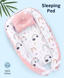 Zoe 100% Cotton Sleeping Pod Bed Cum Carry Nest Cum Portable Bassinet Rainbow Theme- Peach