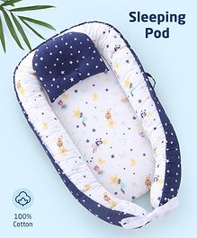 Zoe 100% Cotton Sleeping Pod Bed Cum Carry Nest Cum Portable Bassinet Animal Theme- Navy Blue