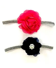Flaunt Chic Set Of 2 Floral Detailed Elastic Headbands - Silver And Pink