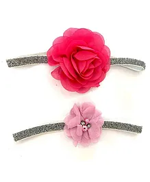 Flaunt Chic Set Of 2 Floral Detailed Elastic Headbands -  Silver And Pink