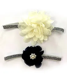 Flaunt Chic Set Of 2 Floral Detailed Elastic Headbands - Silver And White