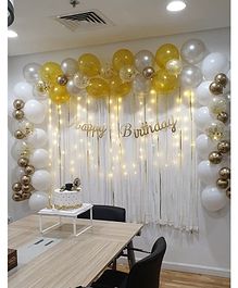 Surprise Decor 71 pc White gold Party Supplies Birthday Decorations for Girls Boys, Balloons, Net Backdrop, Led light for Party Decoration (White Gold) Size - 10ft X 5ft