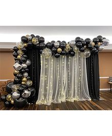 Surprise Decor 90 pcs Black Gold Silver Party Supplies with backdrop | Birthday Decorations for Girls Boys, Balloons, white Net Backdrop, Led light for Party Decoration (Black White gold) Size - 10ft X 5ft