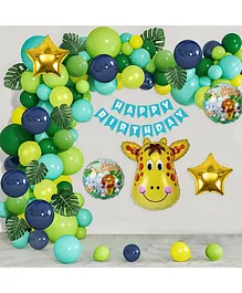 Surprise Decor Birthday Decoration Kit with Jungle Theme Decoration Items for boy with dark green navy blue, green, sky blue & yellow balloons with animal foil balloon & artificial leaves set- 59 pcs