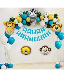 Surprise Decor Jungle Theme Birthday Decoration Items for Kids Party Decor with Animal Foil Balloons, Palm Leaves, HBD Banner, Gold Metallic, Silver Chrome, Blue & White Balloons- Set of 60pcs