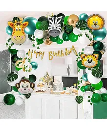 Surprise Decor Jungle theme birthday decoration items for kids includes Dark Green, White, Pastel Green, Gold Balloons with Animal Foil balloons, Artificial Green Leaves & green vines- 70 Items