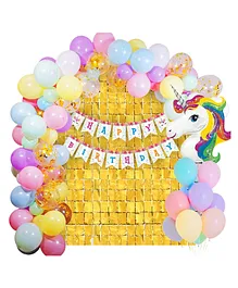 Surprise Decor Unicorn Birthday Decorations For Girls - 51 Pcs, Happy Birthday Decoration Items For Girls, Kids | Unicorn Theme Birthday Decoration Kit | Metallic, Foil Balloons For Decoration With Curtain