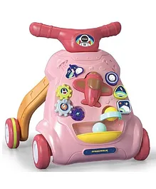 Goyal's Multi-Functional Sit-to-Stand Baby Learning Space Activity Walker With Music, Lights & Toys Like Detachable Aeroplane, Turning Gears, Shapes, Balls I Adjustable Speed of Wheels & Weight - Pink