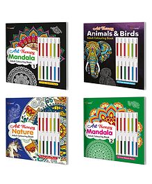 Art Therapy Mandala Adult Colouring Book-1, Book-2, Animals & Birds and Nature Adult Colouring Book | Combo of 4 adult colouring book | Coloring Adventure Book, Mandala Colouring Book - English