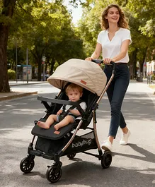 Babyhug Stroller with Reversible Handle
                        Adjustable Backrest & Canopy - Khaki|
                        Concealed Link Brake| Suspension Wheels|
                        Removable Food Tray