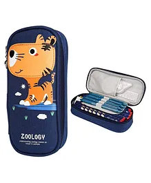 VELLIQUE Cute Cartoon Pencil Pouch With Zipper Waterproof & Durable Compartment Large Storage Pencil Bag for Girls Boys in School - Dark Blue Tiger