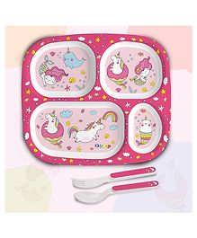 Cello Kidzbee Quadmeal Plate with Spoon and Fork Unicorn Print - Pink