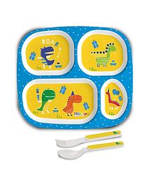 Cello Kidzbee Quadmeal Plate with Spoon and Fork Dino Print - Yellow