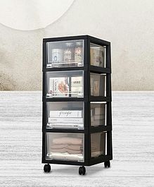 Kuber Industries 5 Layer Cosmetic Cabinet with Trolley|5-Tier Rolling Cart|Shelf Stand With Drawer|Black