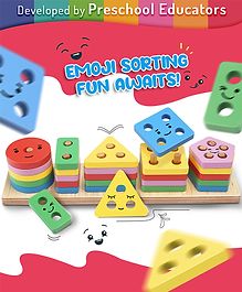 Intelliskills Stack N' Sort Premium Wooden Geometric Shapes with Cute Face Emojis Multicolour - 25 Pieces