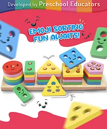 Intelliskills Stack N' Sort Premium Wooden Geometric Shapes with Cute Face Emojis Multicolour - 25 Pieces
