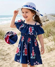 Kookie Kids Cold Shoulder Sleeves Frock With Floral Print & Hat - Blue