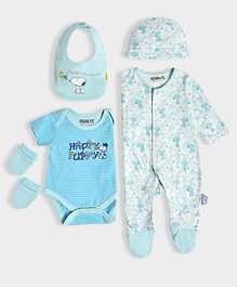 Mi Arcus 100% Cotton Peanuts Snoopy Baby Gift Set  5-Piece Blue Set: Sleepsuit, Romper, Cap, Bib & Mittens, Suitable for Newborn (0 Months)