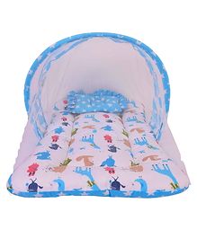 Babytoons Cotton Bedding Set Thick Base Foldable with Mosquito Net and Head Pillow - Zip Closure (Blue, 0-12 Months)