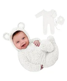 Babymoon Set of 2 Fleece Suit with Infant Baby Bear Cap Hat Baby Photography Props Costume Baby Gift Set 0-1Yr - White