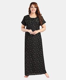 Fabme Pure Cotton Half Sleeves Floral Printed  Maternity Nighty With Concealed Zipper Nursing Access  - Black