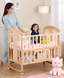 Babyhug Florence 3 in 1 Rocking Cot Cum Junior Bed  Natural Finish| Solid Pinewood| Adjustable Height| Storage Space| Foldable Side Rail| Teething Rails| Wheels with Lock| Convert to Study Table| Mosquito Net