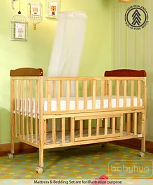 Babyhug Hamilton Wooden Cot With Mosquito Net & Storage Space - Natural Finish