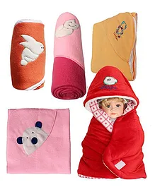 My NewBorn Baby Fleece Wrapper Cum Blanket Pack of 5 - Red & Multi Colour