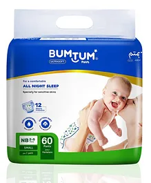 Bumtum Baby Diaper Pants with Double Layer Leakage Protection Infused With Aloe Vera, Cottony Soft High Absorb Technology  New Born - 60 Pieces