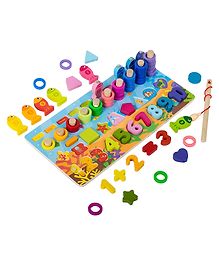 WISHKEY Wooden 6 in 1 Multifunctional Learning Board Puzzle, Numbers, Shapes, Fishing Game, Stacking, Montessori Game Educational Toys for Kids, Multicolour, 3+ Years (Pack of 1)