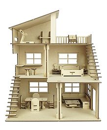 Clapjoy Wooden Doll House with Furniture for kids of Age 3+ Years