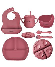 TONY STARK 6 Pcs Silicone Baby Feeding Set, BPA Free & Microwave Safe Dinner Tableware Kit - Feeding Bowl, Suction Plate, Cup, Spoon, Fork & Bib for Kids, Toddler (Pink)