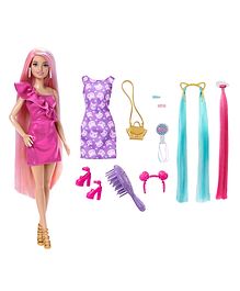 Barbie Fun & Fancy Fashion Doll in Glossy Pink Dress with Extra-Long Colorful Blonde Hair & Accessories Pink - Height 22 cm