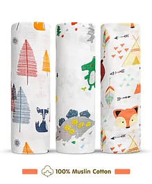 Babyhug Cotton Muslin Multipurpose Swaddle
                        Wraps Pack of 3 Forest Print- Multicolour