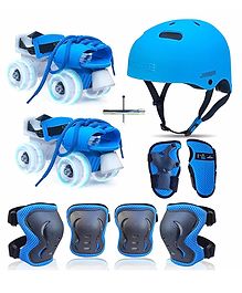 Jaspo Marshall Trainers illumi Adjustable Quad Roller Skates Combo (Skates + Helmet + Knee & Elbow Guards + Wrist Guard, Academy & School Level Skating (Blue)