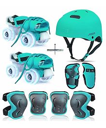 Jaspo Marshall illumi Premium Skating kit Adjustable Quad Roller Skates for Kids with LED PU Wheels and Superior Protective Gear Combo(Cyan)